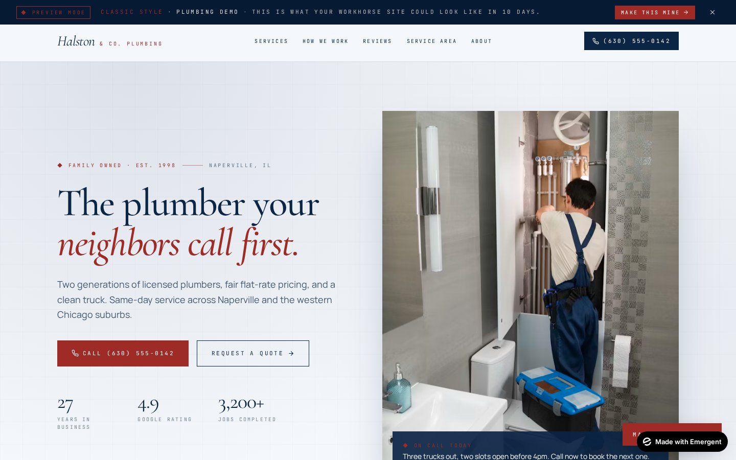 Halston & Co. Plumbing live demo hero. Clean. Trusted. Easy to read.