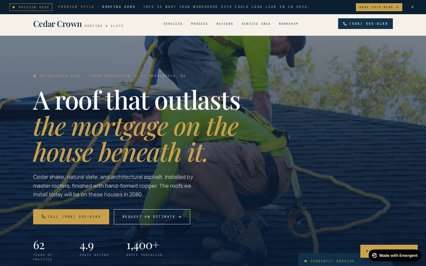 Cedar Crown Roofing & Slate live demo hero. Warm. Editorial. High-end.